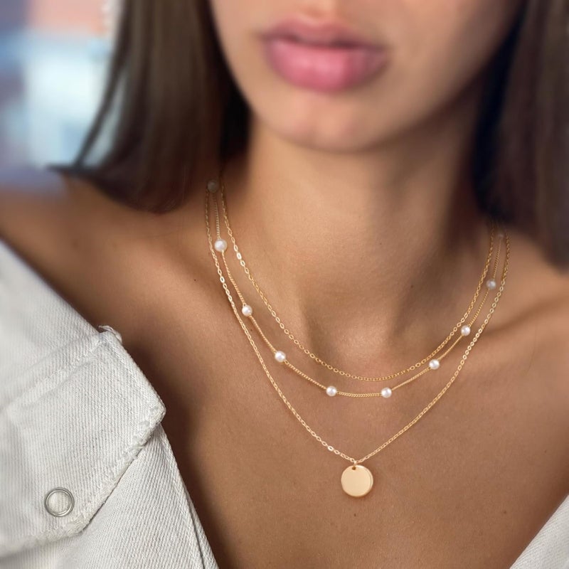 MFRYK Gold/Silver Necklaces Stack For Women,14K Gold/Sterling Silver Plated Simple Layered Choker Necklaces For Women,Stackable Multilayer Pearl Cross Disc Circle Pendant Cuban Herringbone Snake Paperclip Chain Necklaces Set Jewelry Gift for Women - Image 2